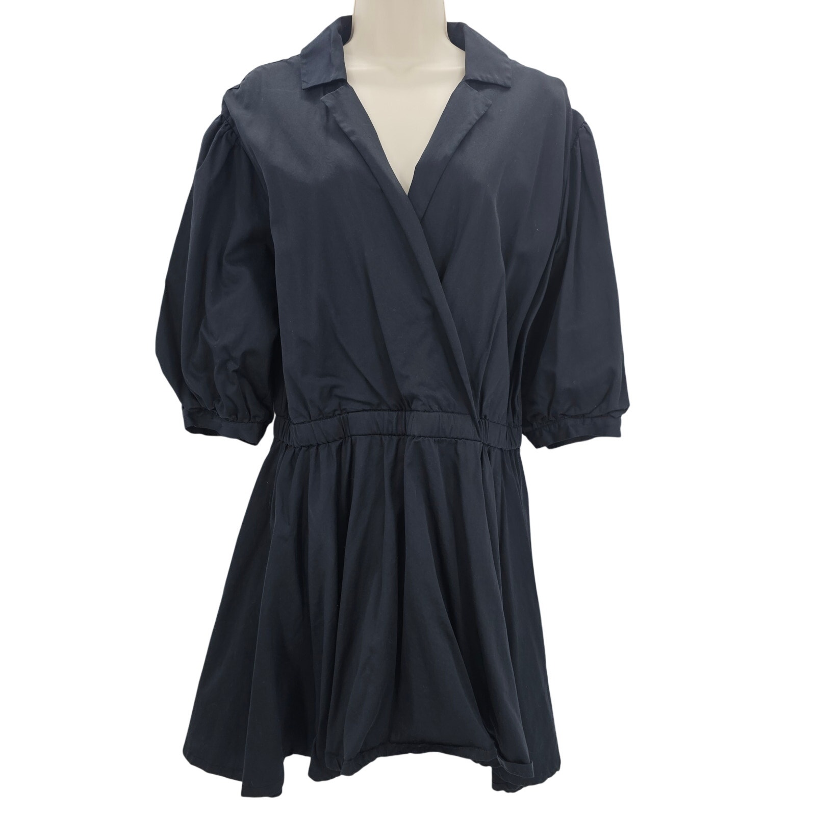 Club Monaco Womans Size 10 Collared Surplice A-Line Puff Sleeve Mini Dress Black